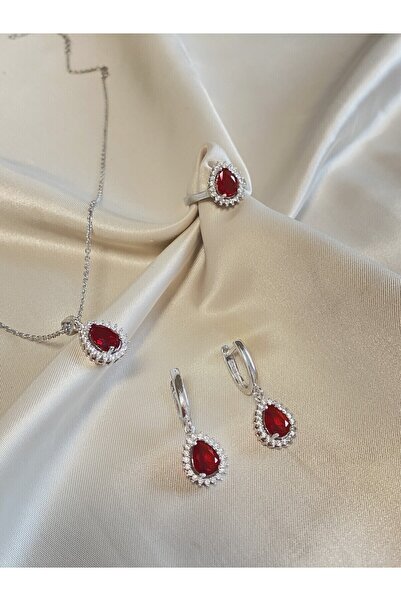 Inure Jewelry Sultanit 925 Ayar Zirkon Taşlı Damla Kesim Ayarlanabilir (KOLYE&KÜPE&AYARLANABİLİR YÜZÜK) 3'lü Set