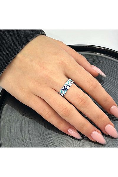 Neon Takı by Atalay Sensitivity Sticker and Xxx Evil Eye Figured, Stainless Steel Ring 59, Silver Color, Adjustable