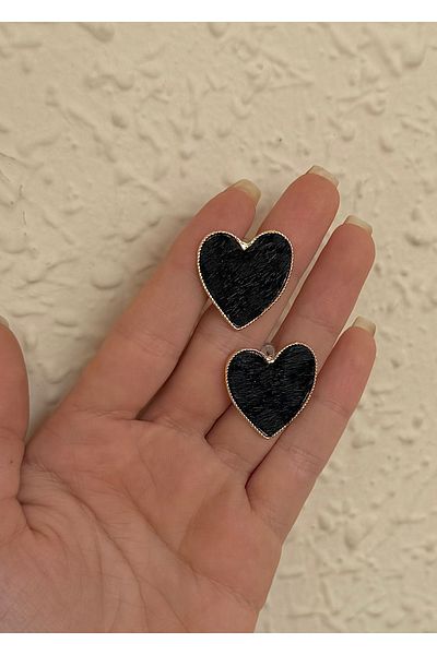 takıtarzım Velvet Black Print Heart Women's Earrings