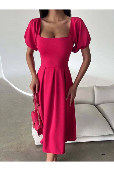 WoolnClyde Women's Fuchsia Square Neck A-Line Fit Short Balloon Sleeves Pleated Midi Evening Dress
