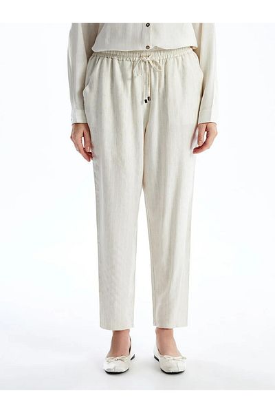 LC Waikiki Γυναικείο παντελόνι LCW Grace Beige με ελαστική μέση από μασίφ λινό μείγμα