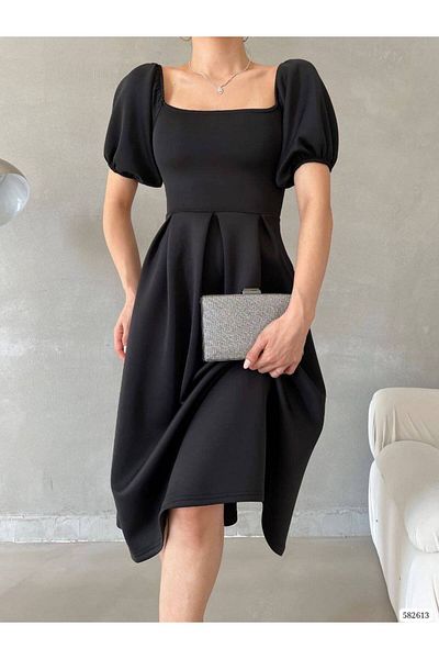 WoolnClyde Women's Black Square Neck A-Line Fit Short Balloon Sleeves Pleated Midi Evening Dress