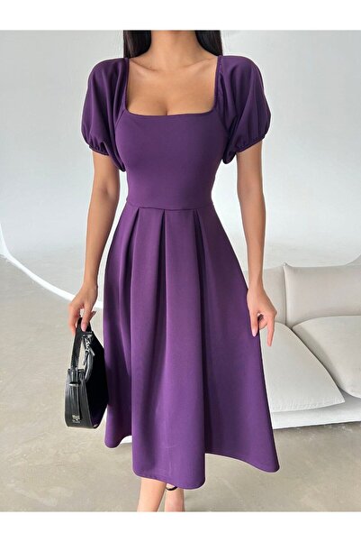 WoolnClyde Kadın Mor Kare Yaka A-line Kalıp Kısa Balon Kollu Pileli Midi Abiy...