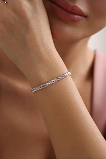 Nereze 925 Ayar Gümüş Rose Kaplama Baget Taşlı Suyolu Model Bileklik