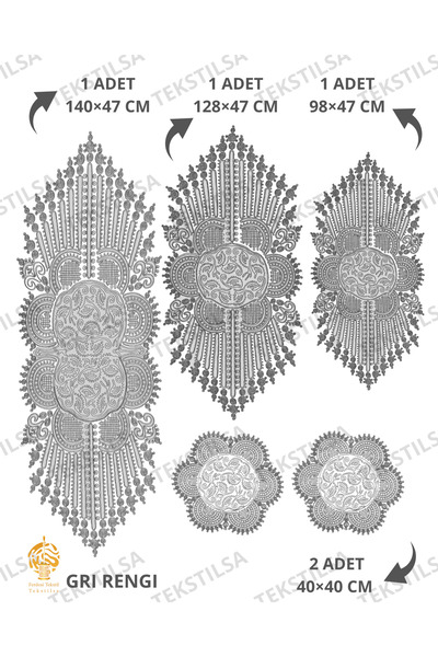 Tekstilsa Yeni Lüks Runner Salon Oda Sehpa Masa Örtüsü Salon Takımı 5 Parça(GRİ)