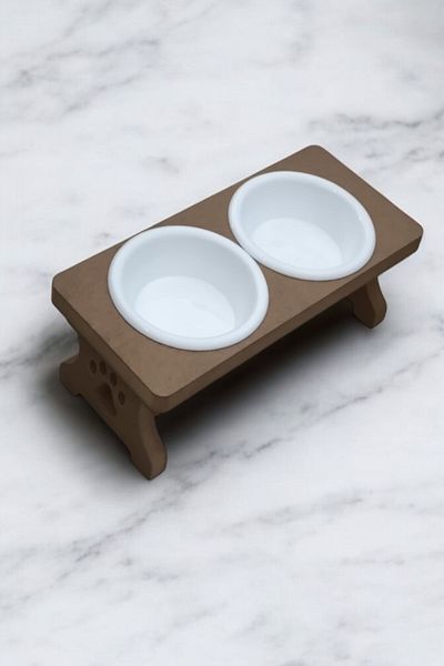 TİNEKE White Wooden Disassembled Cat Food and Water Bowl with 2 Plastic Rhinestones