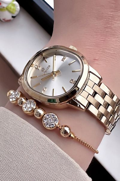 Homies Gold Color Waterproof Women's Wristwatch - Oval Case, Steel Band + Bracelet Hmby2019C3