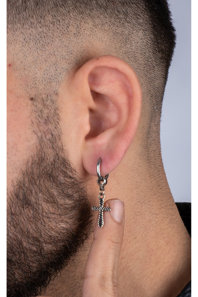 Piercing Market Steel & Silver Unisex Çelik Halka Sallantı Haç Küpe Paslanma Kararma Yapmaz