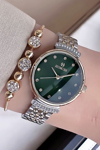 Homies Original Women's Wristwatch - Waterproof, Gold Silver Color, Steel Band + Bracelet Hmb3015C2