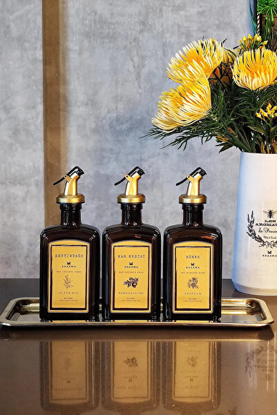 KHAKMA Gold Çelik Stantlı Amber Zeytinyağı Nar Ekşisi Sirke Şişesi Yağdanlık 3lü Set Goldçelikcb3