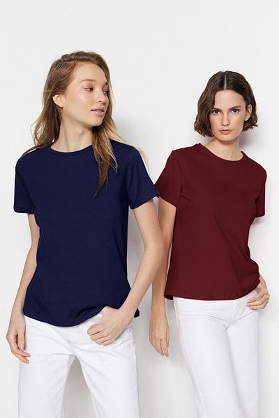Trendyol Collection Burgundsko-námořnictvo Crew Neck 100% bavlněné tričko 2 balení – Twoss20Ts0141