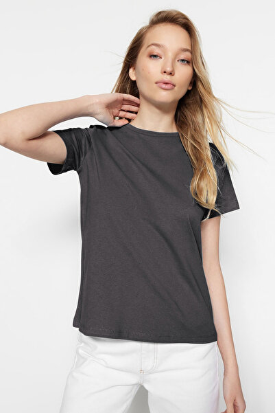 Trendyol Collection T-Shirt mit Rundhalsausschnitt, 100 % Baumwolle, Anthrazit-Gelb, 2er-Pack – TWOSS20TS0141