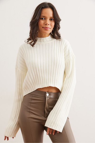 Olalook Women's Ecru Thick Corded Crop Thick Knitwear Sweater Kzk- 19000953