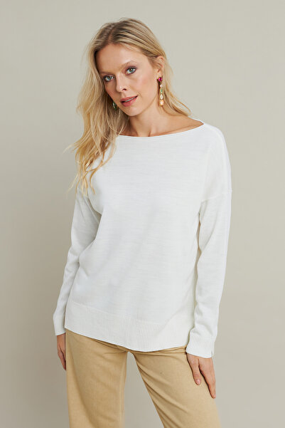 Cool & Modest Ecru Boat Neck Women's Knitwear Blouse - Myil561