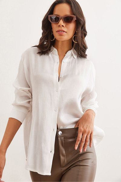Olalook Women's Ecru Satin Crinkle Woven Shiny Shirt Gml- 19001276