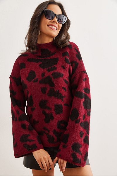 Olalook Pulover de damă, roșu Claret, cu gât roșu, tricotaj leopard, KZK- 19000949