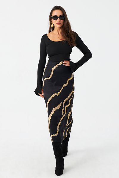 Cool & Modest Fusta de damă din satin cu model negru MCAR1060