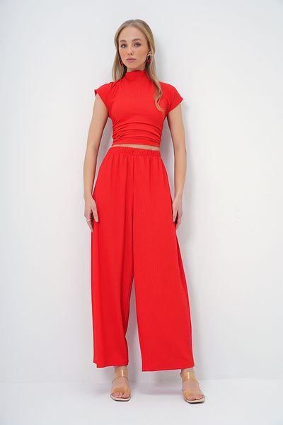 Trend Alaçatı Stili Red Women's Crop Blouse and Wide Leg Pants Set - Stand Collar with Draped Side Alc-X13411