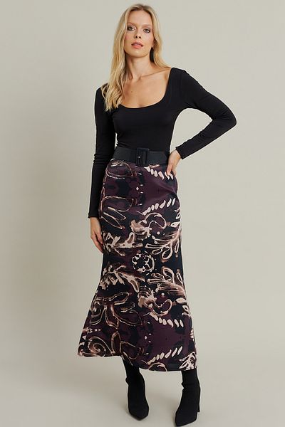 Cool & Modest Fusta de damă din satin cu model prune MCAR1060
