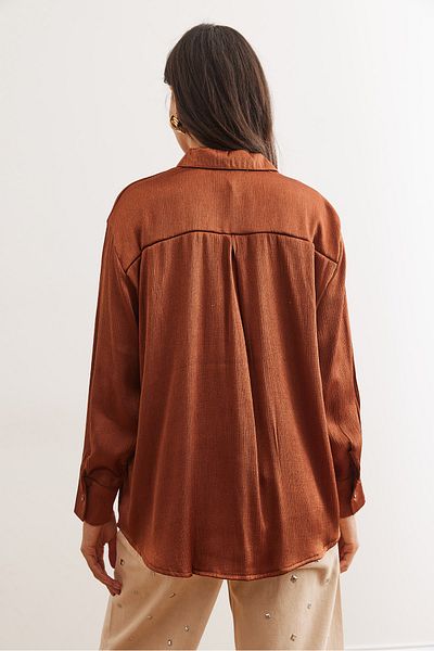 Olalook Women's Brown Satin Crinkle Woven Shiny Shirt Gml- 19001276
