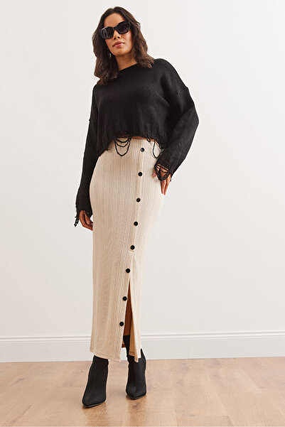 Olalook Kadın Taş Beli Lastikli Düğmeli Yırtmaçlı Uzun Etek ETK-19000293