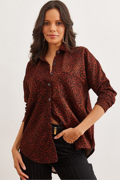 Olalook Women's Tile Leopard Comfortable Fit Pattern Velvet Shirt Gml- 19001261