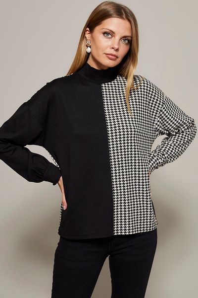 Cool & Modest Γυναικεία Μπλούζα Μαύρο-Λευκό Half Fisherman's Houndstooth Pattern MYİ2037