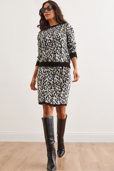 Olalook Women's Black Bottom Top Leopard Knitwear Set Tkm- 19000341