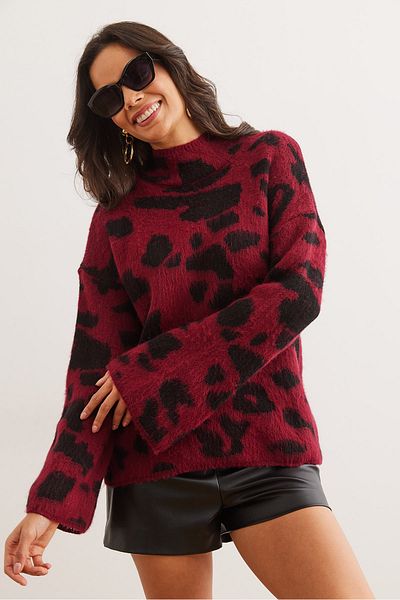 Olalook Pulover de damă, roșu Claret, cu gât roșu, tricotaj leopard, KZK- 19000949