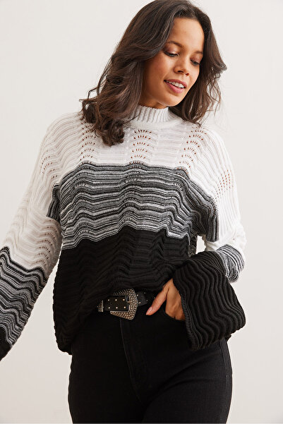 Olalook Women's Black Wave Patterned Color Transitional Knitwear Sweater Kzk- 19000950