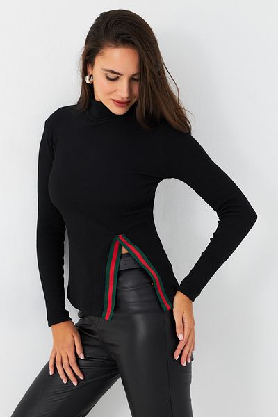 Cool & Modest Γυναικεία Μαύρη Ρίγα Λεπτομερής Καμισόλα Ψαρά Μπλούζα MTF32-90