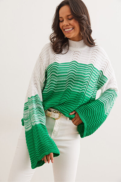 Olalook Women's Green Wave Patterned Color Transitional Knitwear Sweater Kzk- 19000950