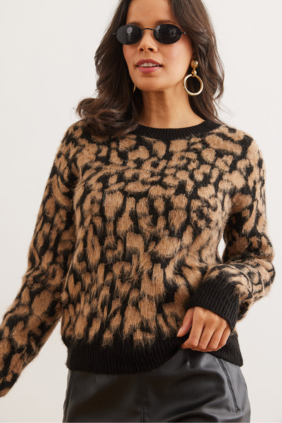 Olalook Dámský pletený svetr s velbloudím leopardím vzorem KZK- 19000952