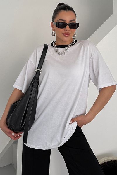 MODAGEN Μπλουζάκι Unisex Λευκό Πλήρωμα Λαιμόκοψη Μαύρο Λεπτομέρεια Μασίφ Oversize T-Shirt
