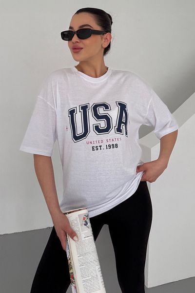 MODAGEN Unisex White Crew Neck Usa Printed Oversize T-Shirt