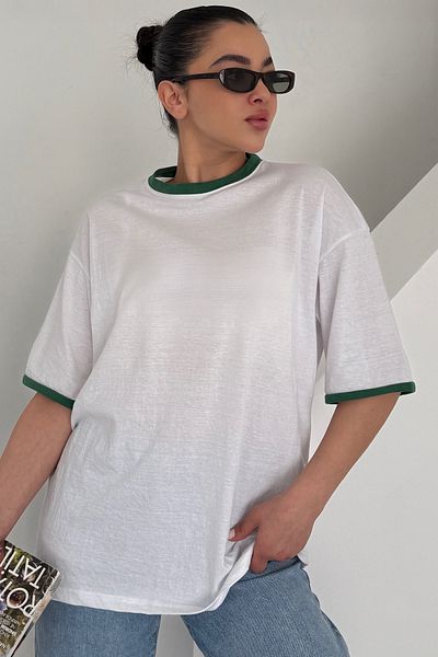 MODAGEN Μπλουζάκι Unisex Λευκό Πλήρωμα με Πράσινο Γιακά και Λεπτομέρεια Μανίκι Απλό Oversize T-Shirt