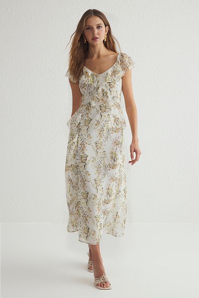 Trendyol Collection Ecru virágos fodros A-vonalú maxi szőtt ruha TWOSS25EL00019