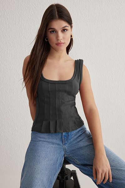 Trendyol Collection Antracitová baterie Detailní Pool Neck Fitted/ Body Fit Pletená halenka Twoss25Bz00025