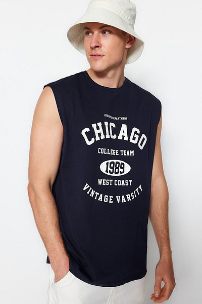 Trendyol Collection Navy Blue Plus Size Tank Top - Chicago Print, Sleeveless, Wide Fit Tmnss25Cv00001