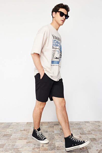 Trendyol Collection Black Cotton Shorts - Plus Size, Label Applique, Regular Fit Tmnss25Ap00002