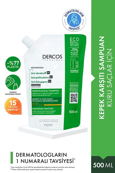 Vichy Dercos Anti-Dandruff Anti-Schuppen-Pflege-Shampoo, trockenes Haar, Nachfüllpackung 500 ml