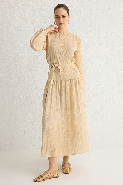 Trendyol Modest Μπεζ ίσιο υφαντό φόρεμα Hijab Aerobin χωρίς επένδυση TCTSS25EB00023