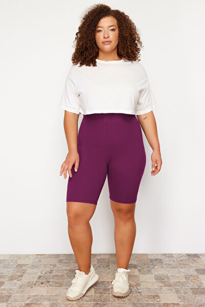 Trendyol Curve Ψηλόμεσο κολάν ποδηλάτου - καφέ/μπορντό, κοντό, πλεκτό με ραβδώσεις, συν μέγεθος 2 πακέτο TBBSS24BV00000