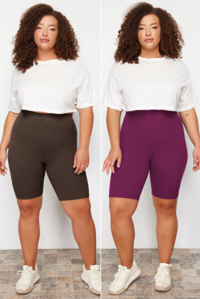 Trendyol Curve Ψηλόμεσο κολάν ποδηλάτου - καφέ/μπορντό, κοντό, πλεκτό με ραβδώσεις, συν μέγεθος 2 πακέτο TBBSS24BV00000