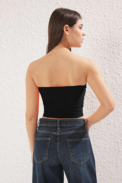 Trendyol Collection Black Knitted Crop Bustier Sitting on the Body - Drawstring Detail Twoss25Bs00000