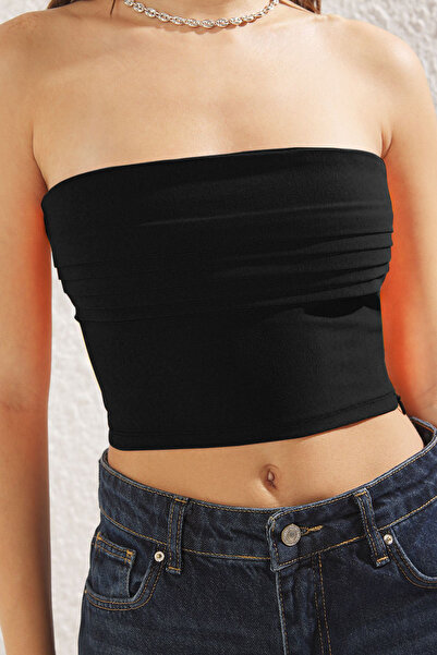 Trendyol Collection Black Knitted Crop Bustier Sitting on the Body - Drawstring Detail Twoss25Bs00000