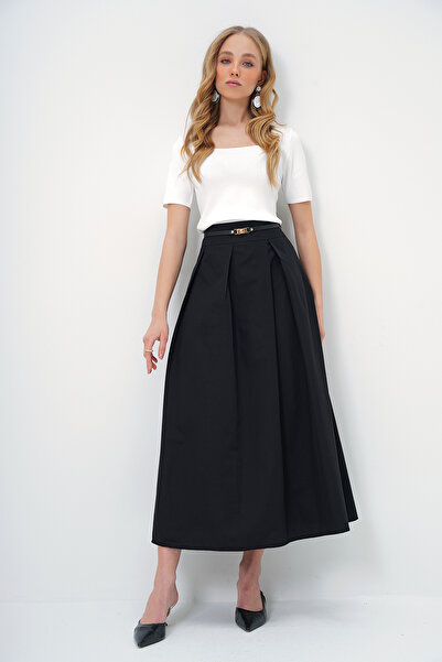 Trend Alaçatı Stili Women's Black Hidden Zip Pleated Waistband Maxi Length Skirt Alc-X13524