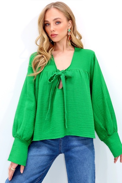 Trend Alaçatı Stili Kadın Yeşil V Yaka Göğüsten Bağlamalı Büzgülü Yazlık Doku...