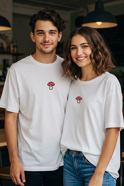 Trendyol Collection Übergroßes T-Shirt aus ecrufarbener Baumwolle – Pilzstickerei, TMNSS24TS00070
