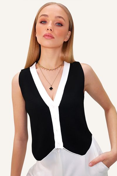 Trend Alaçatı Stili Schwarze Damen-Strickweste mit V-Ausschnitt und Farbblock ALC-X13379